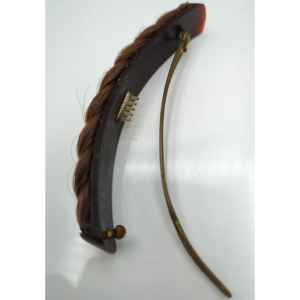 Vintage Metal & Celluloid Faux Hair Braid Barrette 3.5‎ in long Brunette Brown